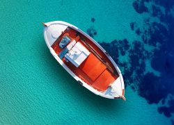 Aerial,Top,View,Photo,Of,Red,Traditional,Wooden,Fishing,Boat