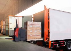 Electric,Forklift,Loading,Shipment,Boxes,Into,Cargo,Container.,Cargo,Trailer