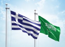 3d,Rendering,Of,Greece,&,Saudi,Arabia,Flags,Are,Waving